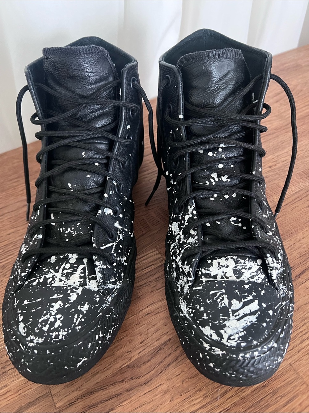 Converse Black Leather High-Top Sneakers with White Paint-Splatter Detail. Rare!